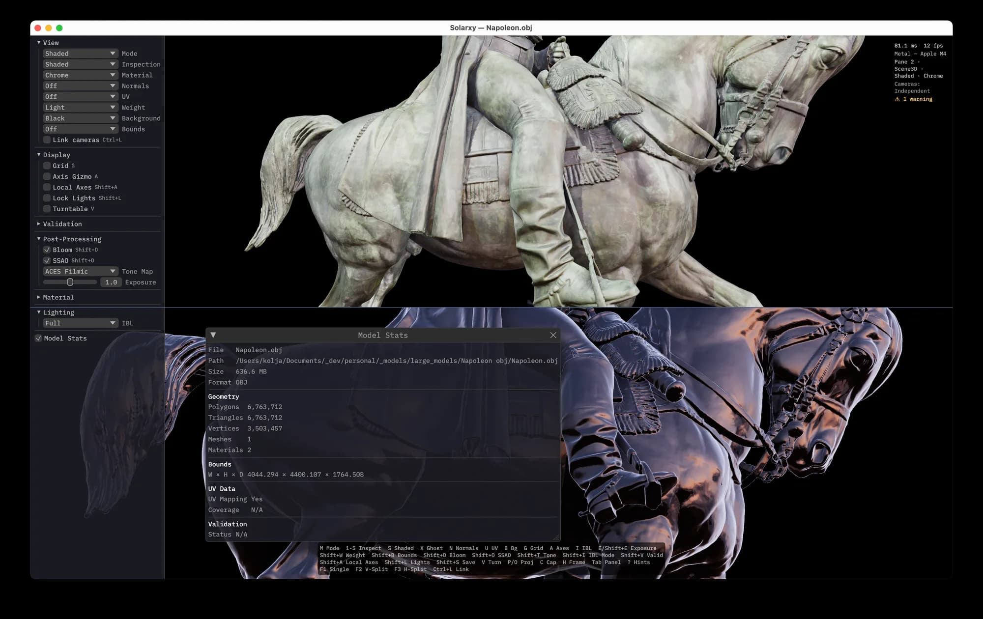 Solarxy showing a 3D model in a shaded pane next to its UV layout in a split viewport.