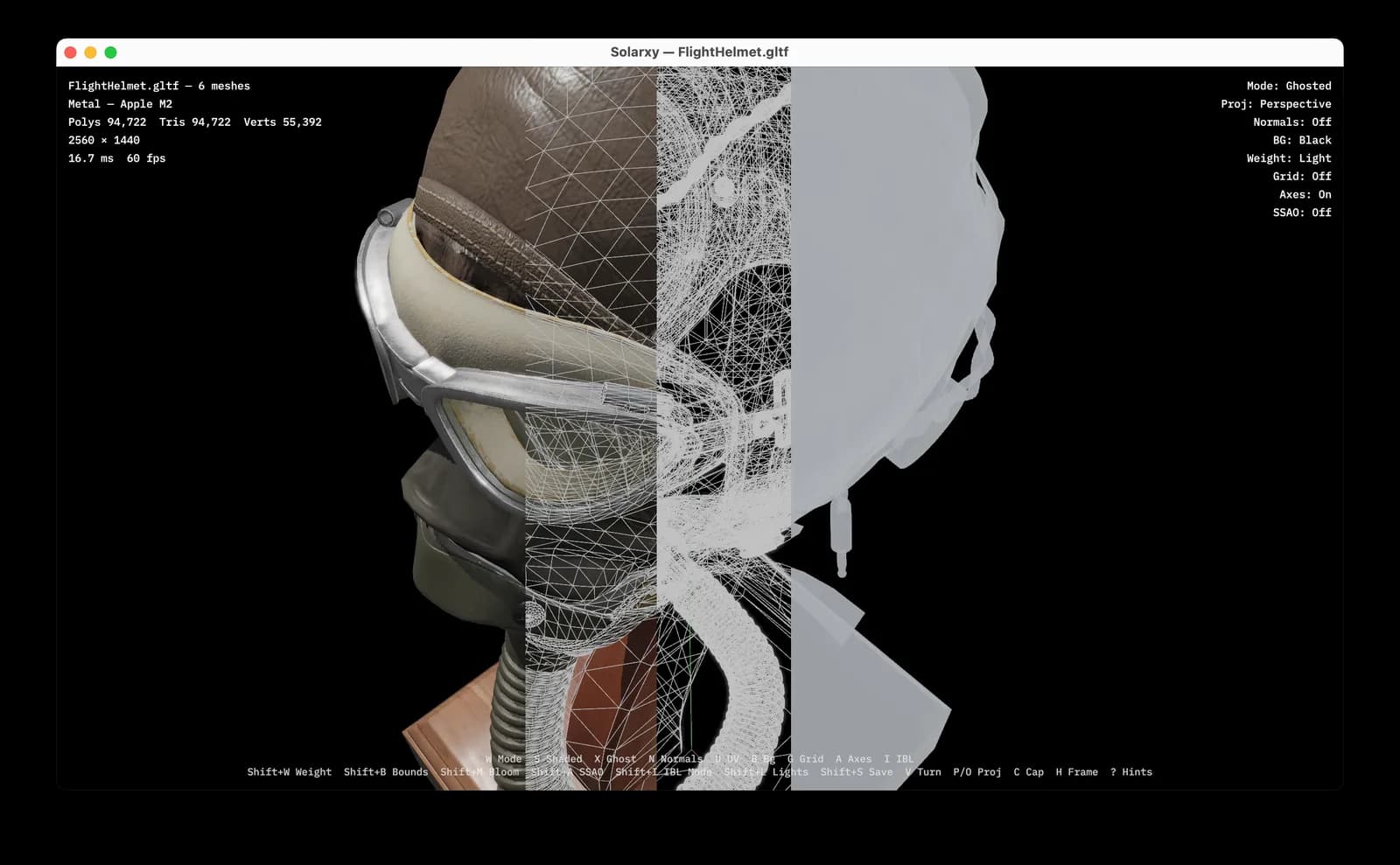 The same model shown in shaded, wireframe, and ghosted view modes.